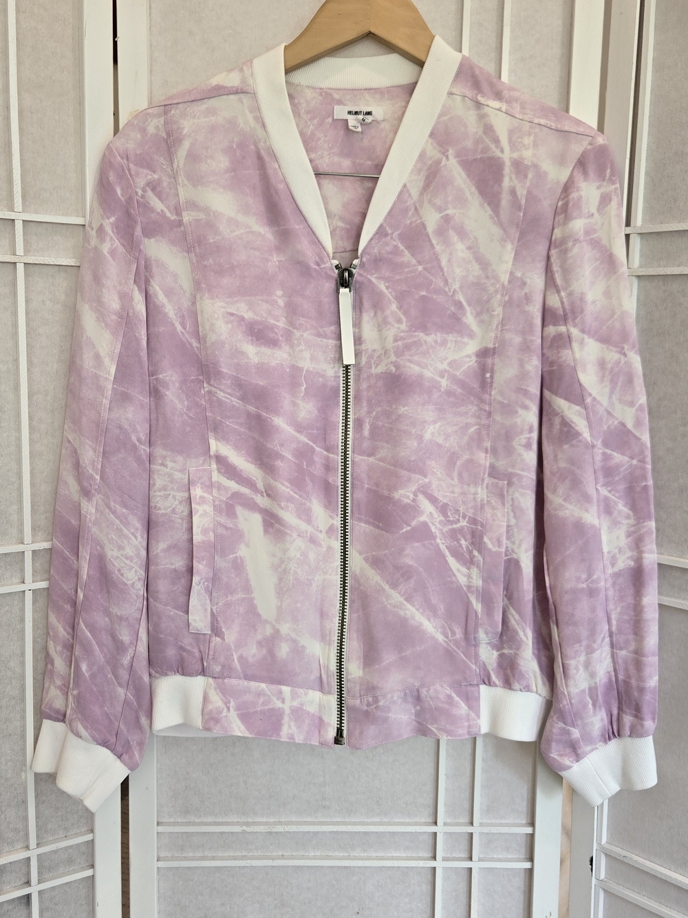 Helmut Lang Lavender & White Tie-Dye Bomber Jacket with White Trim